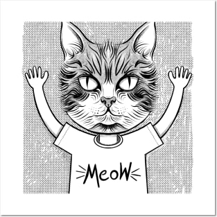 Surreal Meow Cat Head Black Ink Posters and Art